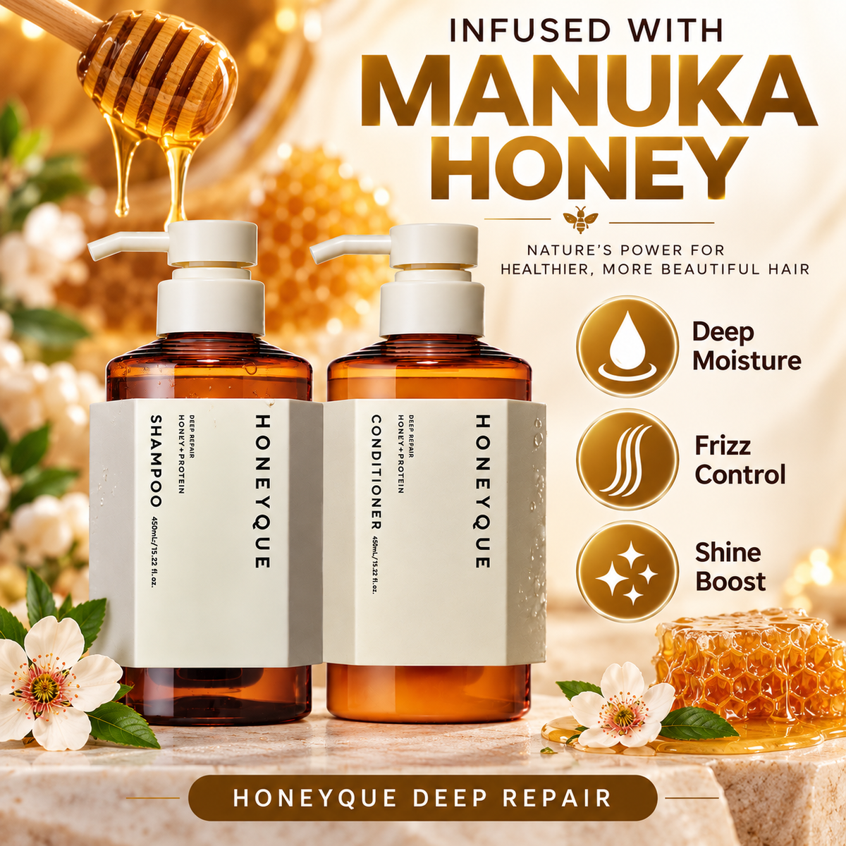 HONEYQUE Deep Repair Shampoo & Conditioner Set with Manuka Honey & Triple Protein, Frizz Control, 15.22 fl oz Each, 2 Count