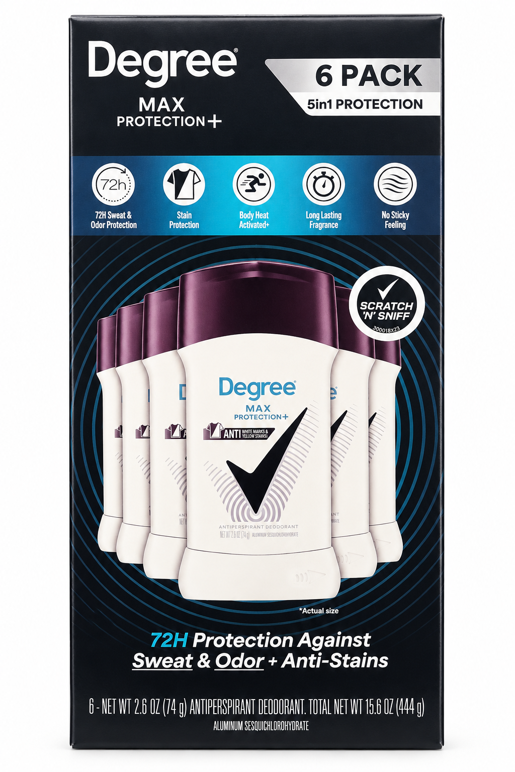 Degree Max Protection+ Antiperspirant Deodorant, 72-Hour Sweat & Odor Protection, 2.6 oz, 6 Pack