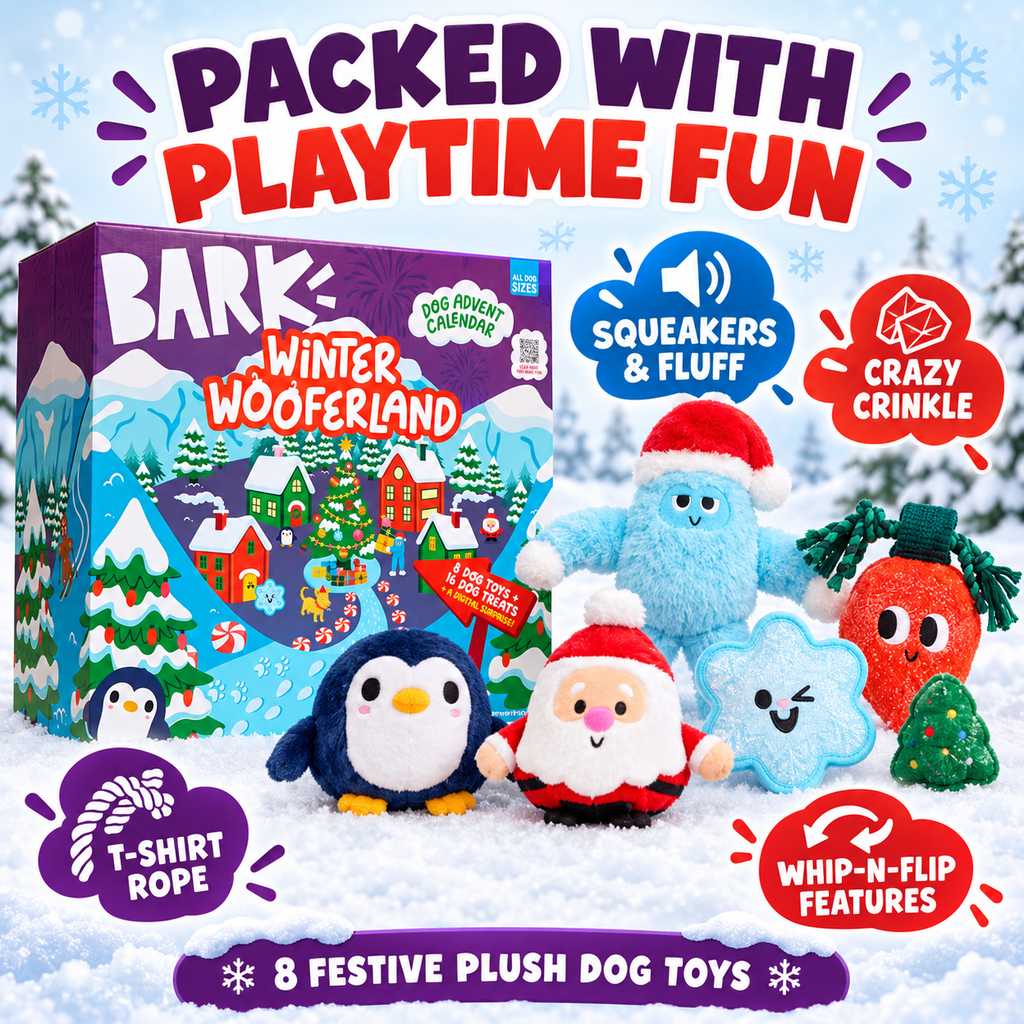 BARK Winter Wooferland Dog Advent Calendar, 24 Days, 8 Plush Squeaky Toys and 16 Dog Treats, Holiday Gift for All Dog Sizes