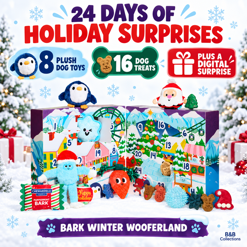BARK Winter Wooferland Dog Advent Calendar, 24 Days, 8 Plush Squeaky Toys and 16 Dog Treats, Holiday Gift for All Dog Sizes