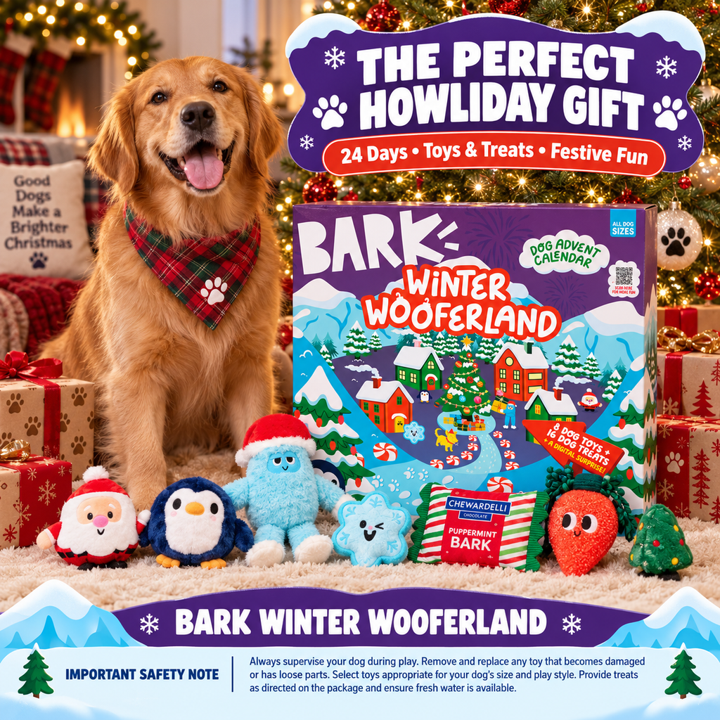 BARK Winter Wooferland Dog Advent Calendar, 24 Days, 8 Plush Squeaky Toys and 16 Dog Treats, Holiday Gift for All Dog Sizes