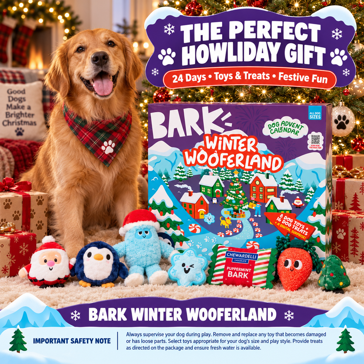 BARK Winter Wooferland Dog Advent Calendar, 24 Days, 8 Plush Squeaky Toys and 16 Dog Treats, Holiday Gift for All Dog Sizes