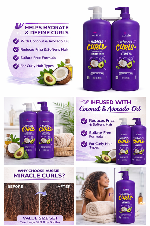 Aussie Miracle Curls Shampoo and Conditioner Set, Coconut & Avocado Oil, Hydrating & Frizz Control for Curly Hair, 2 Pack