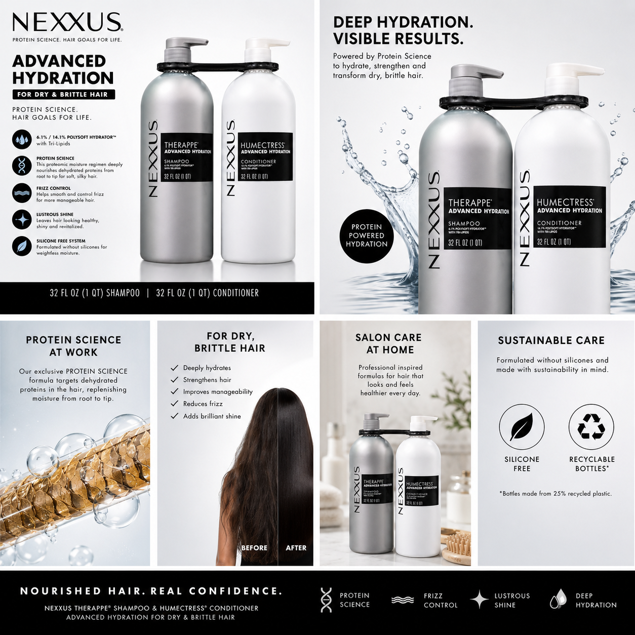 Nexxus Therappe & Humectress Advanced Hydration Shampoo and Conditioner Set, 32 fl oz Each, Deep Moisture System for Dry & Brittle Hair