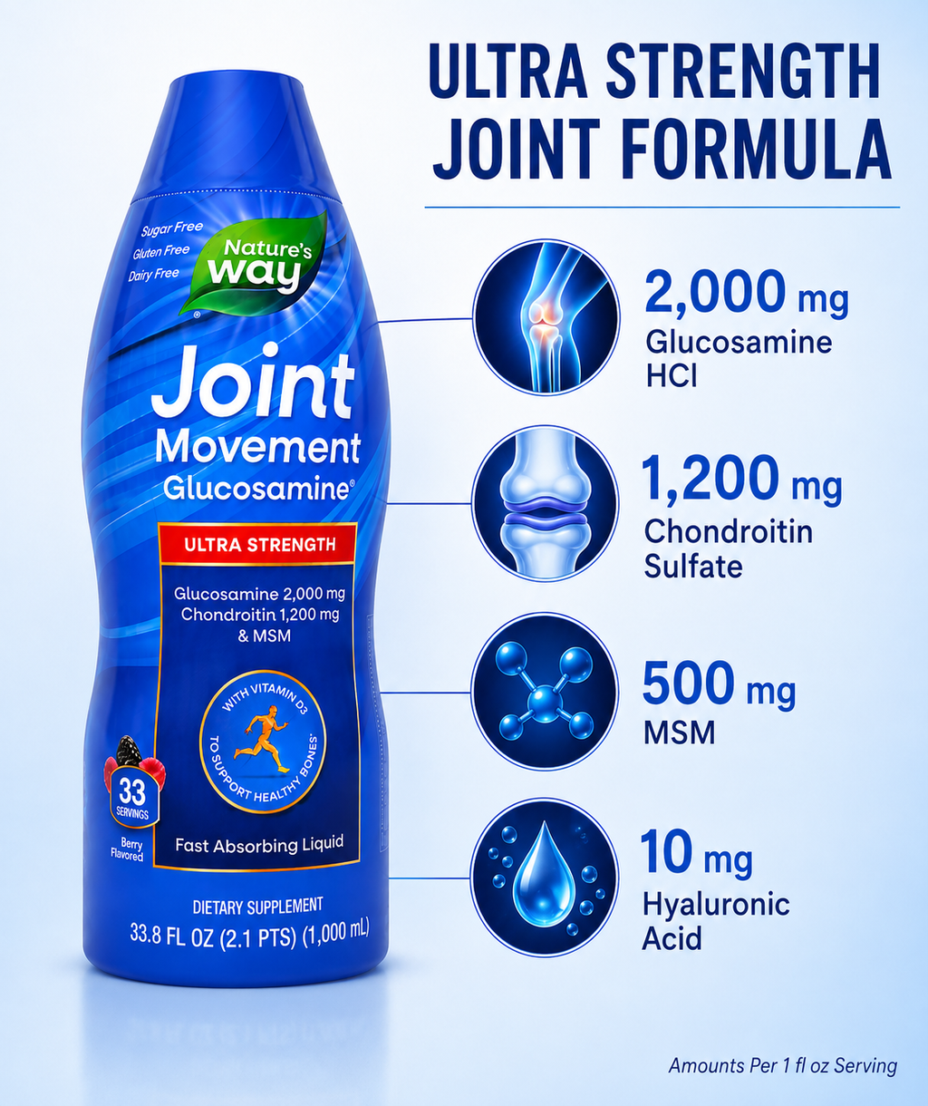 Nature's Way Joint Movement Glucosamine Ultra Strength Liquid with Chondroitin, MSM, Hyaluronic Acid & Vitamin D3, Berry Flavor, 33.8 fl oz