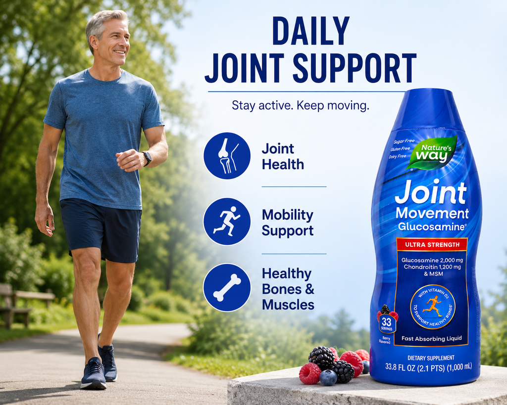 Nature's Way Joint Movement Glucosamine Ultra Strength Liquid with Chondroitin, MSM, Hyaluronic Acid & Vitamin D3, Berry Flavor, 33.8 fl oz