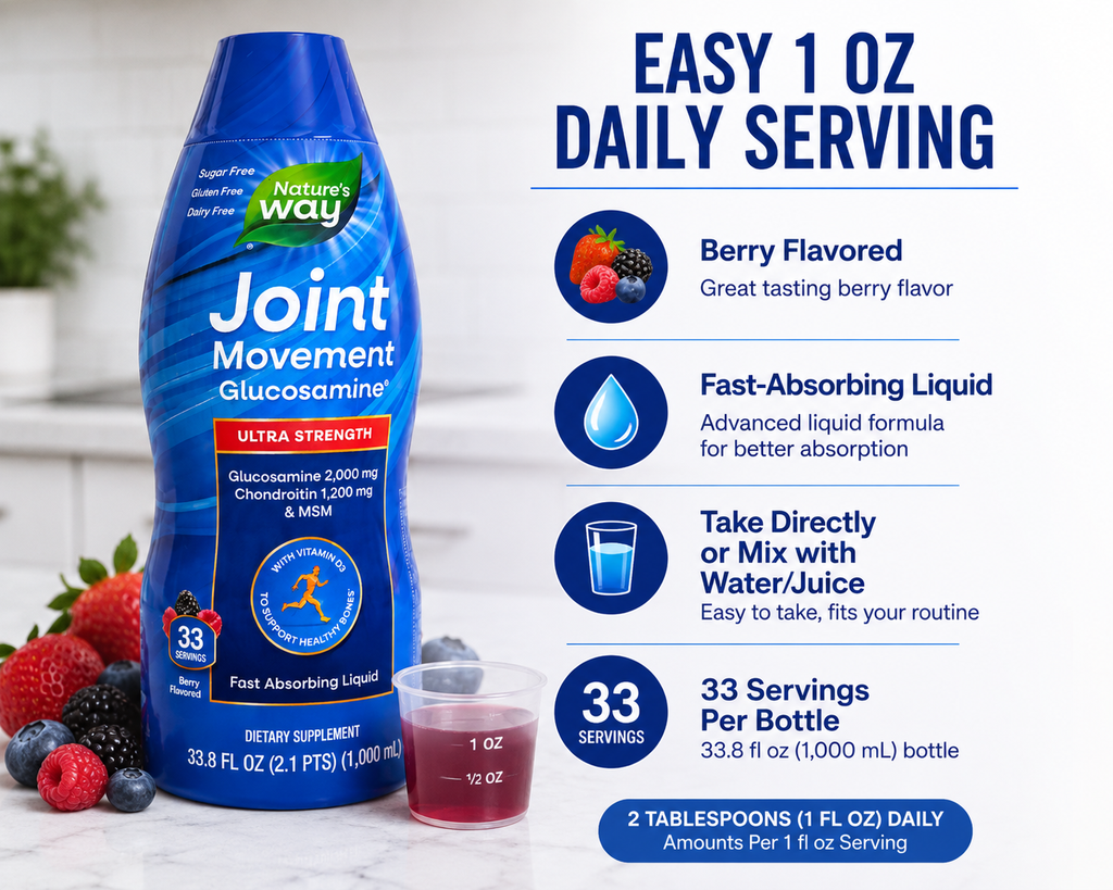 Nature's Way Joint Movement Glucosamine Ultra Strength Liquid with Chondroitin, MSM, Hyaluronic Acid & Vitamin D3, Berry Flavor, 33.8 fl oz