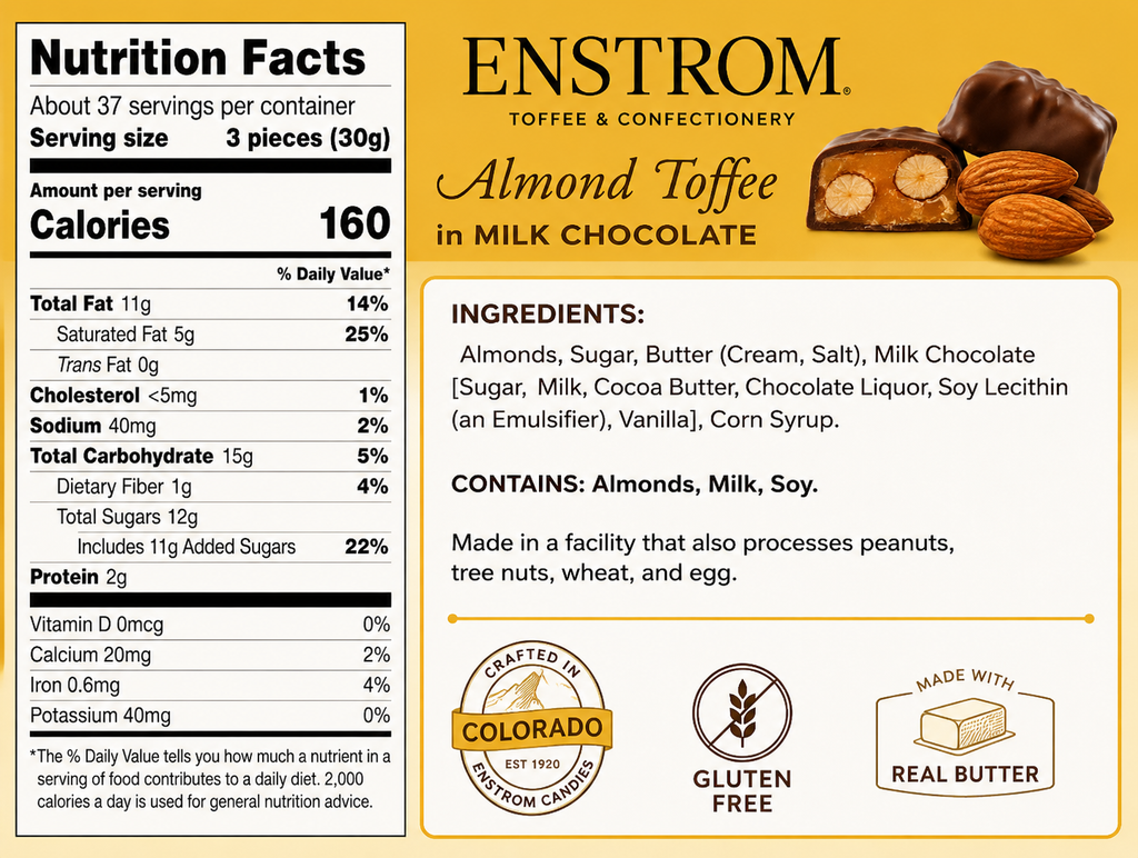 Enstrom Almond Toffee Petites in Milk Chocolate, Individually Wrapped, Certified Gluten Free, Pack of 1, 2, 3 or 4, 37.5 oz Each