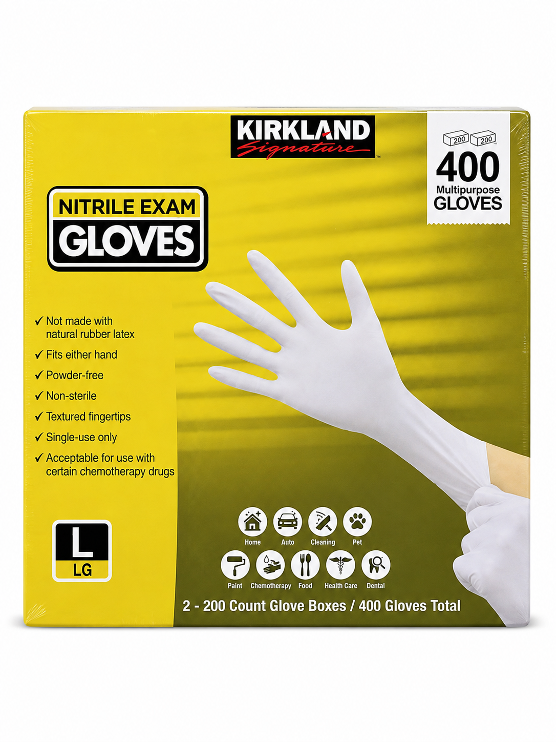 Kirkland Signature Nitrile Exam Gloves, Powder-Free, 400 Count (2 x 200), Disposable Multipurpose Gloves, Available in Small, Medium, Large & X-Large