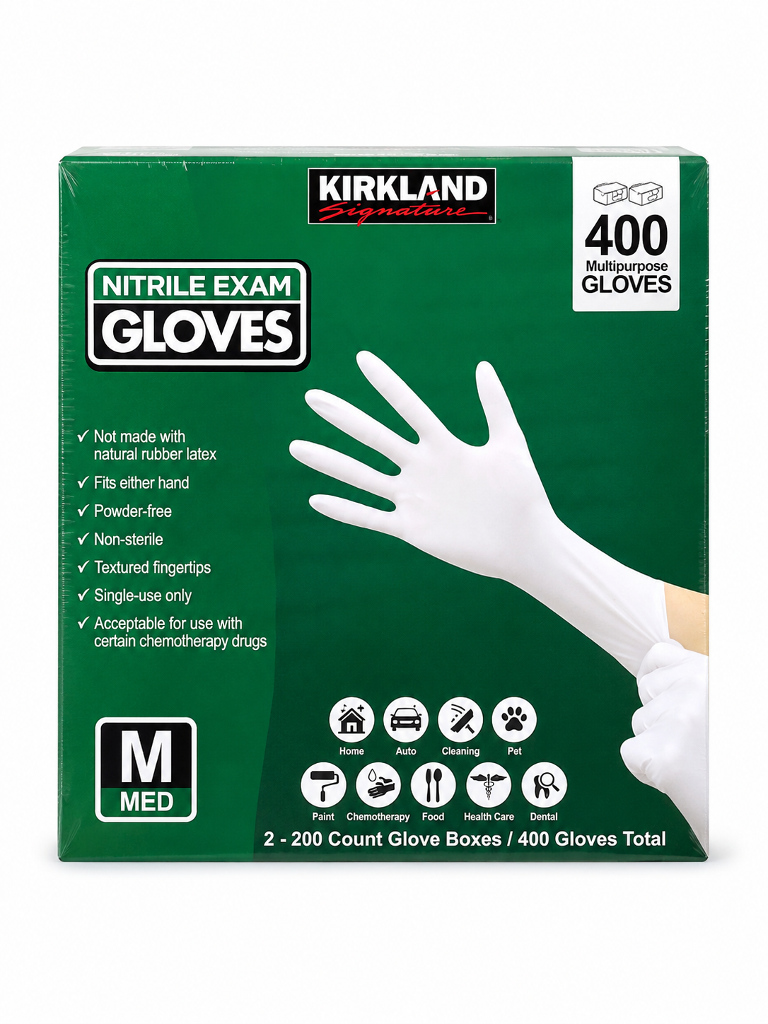 Kirkland Signature Nitrile Exam Gloves, Powder-Free, 400 Count (2 x 200), Disposable Multipurpose Gloves, Available in Small, Medium, Large & X-Large