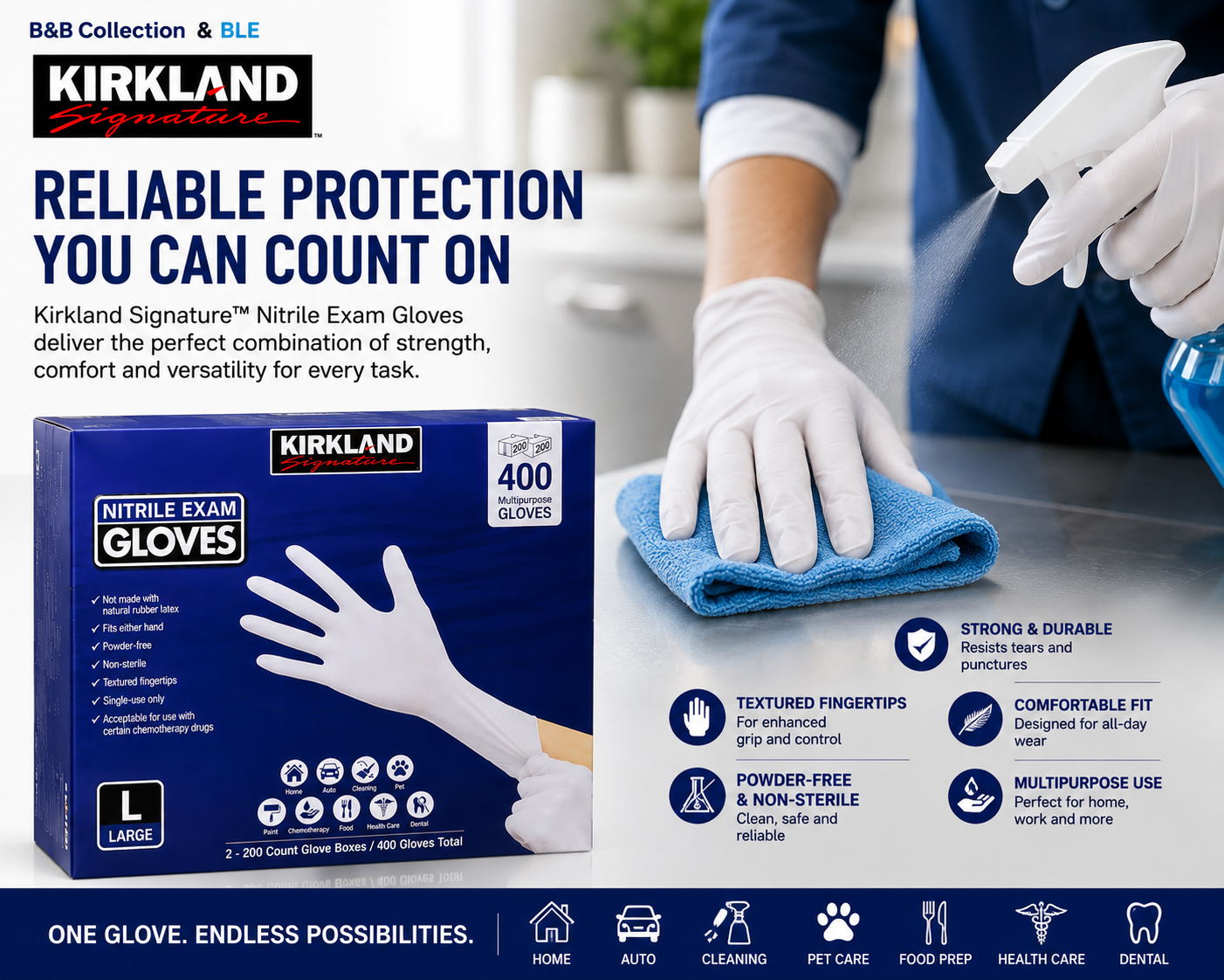 Kirkland Signature Nitrile Exam Gloves, Powder-Free, 400 Count (2 x 200), Disposable Multipurpose Gloves, Available in Small, Medium, Large & X-Large