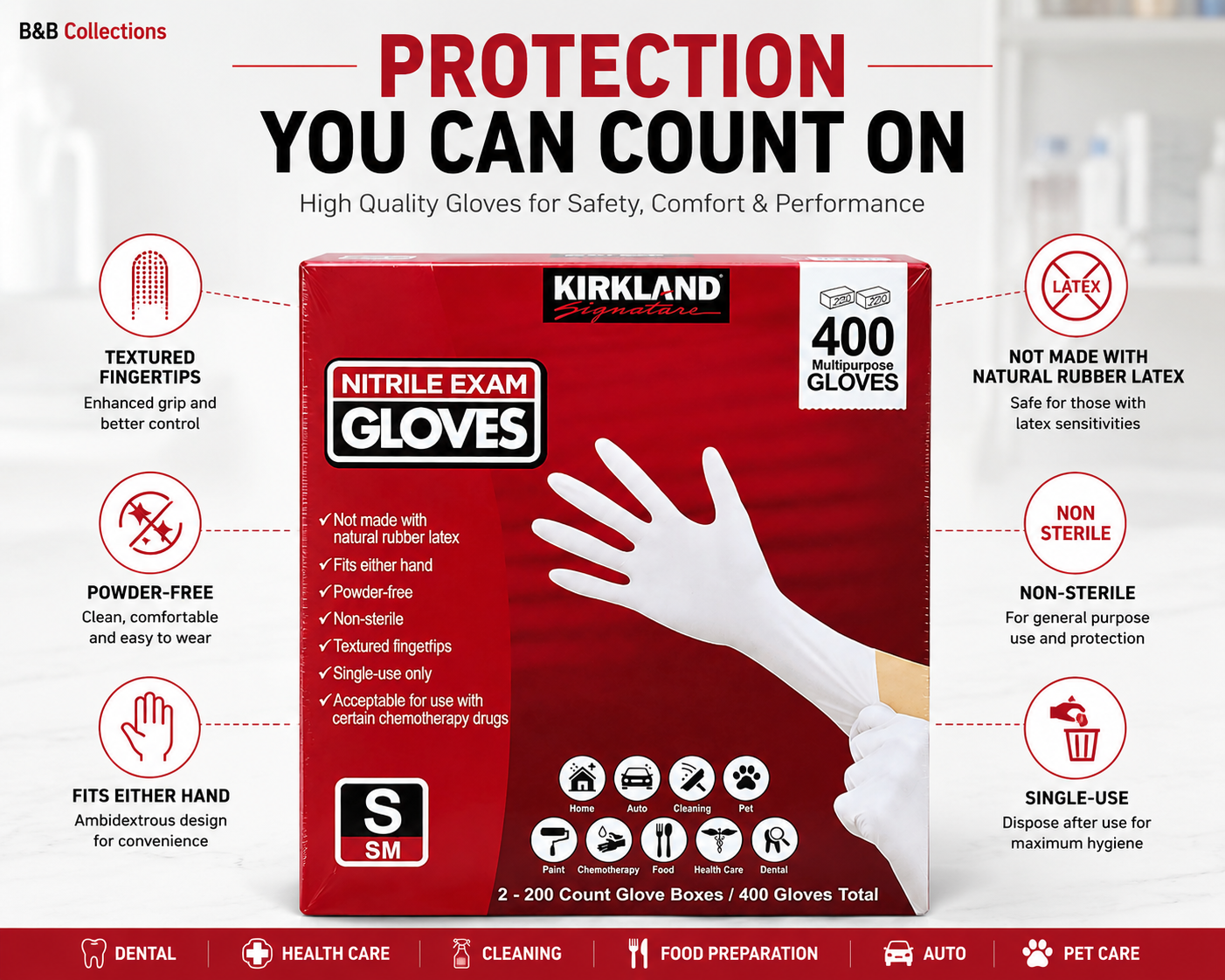 Kirkland Signature Nitrile Exam Gloves, Powder-Free, 400 Count (2 x 200), Disposable Multipurpose Gloves, Available in Small, Medium, Large & X-Large