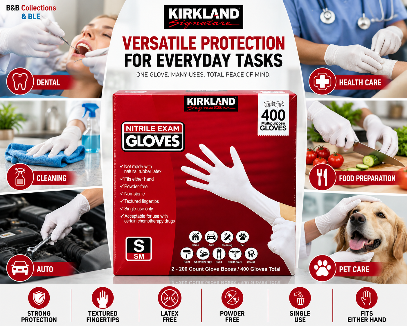 Kirkland Signature Nitrile Exam Gloves, Powder-Free, 400 Count (2 x 200), Disposable Multipurpose Gloves, Available in Small, Medium, Large & X-Large
