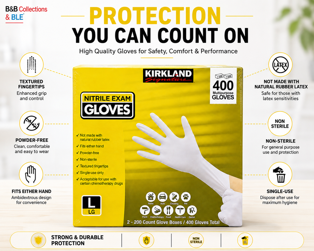 Kirkland Signature Nitrile Exam Gloves, Powder-Free, 400 Count (2 x 200), Disposable Multipurpose Gloves, Available in Small, Medium, Large & X-Large