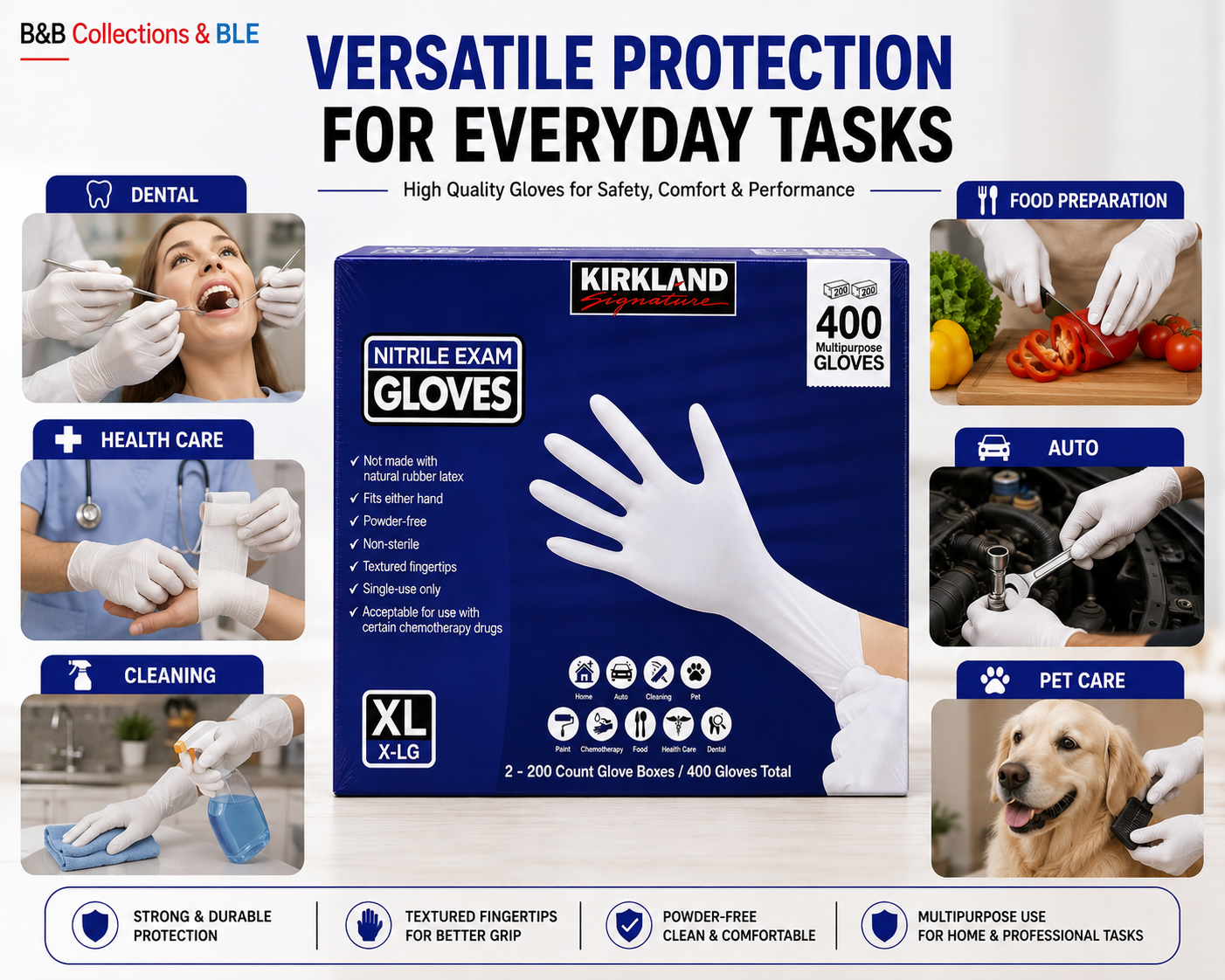 Kirkland Signature Nitrile Exam Gloves, Powder-Free, 400 Count (2 x 200), Disposable Multipurpose Gloves, Available in Small, Medium, Large & X-Large