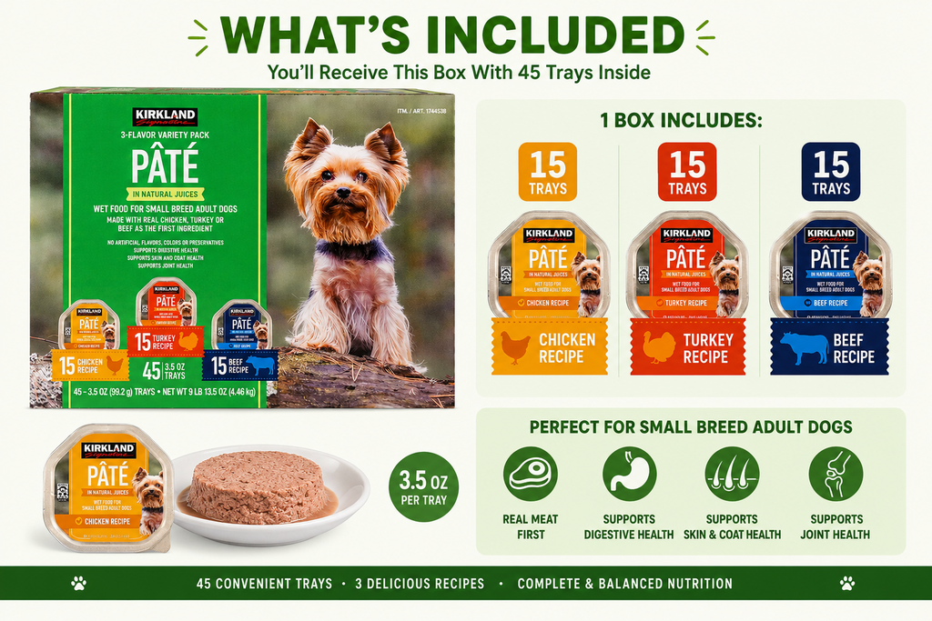 Kirkland Signature Wet Dog Food Variety Pack, 45 Trays (3.5 oz Each) – Chicken, Turkey & Beef Recipes, Real Meat First, Adult Small Breed Dog Food