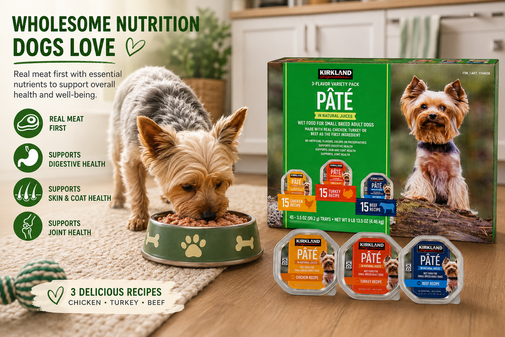 Kirkland Signature Wet Dog Food Variety Pack, 45 Trays (3.5 oz Each) – Chicken, Turkey & Beef Recipes, Real Meat First, Adult Small Breed Dog Food