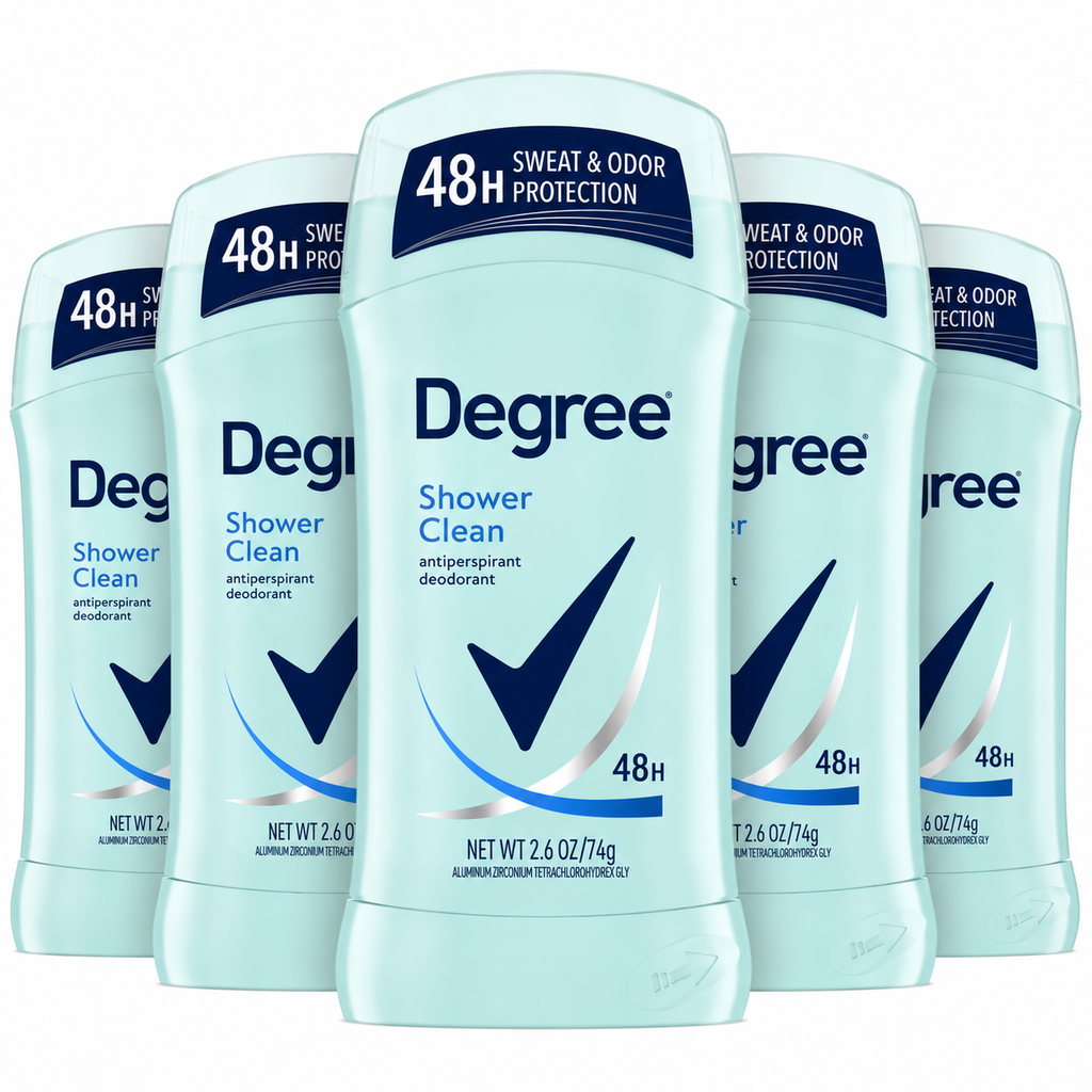 Degree Advanced Protection Antiperspirant Deodorant Stick, Shower Clean Scent, 2.6 oz Each, Pack of 5, 72-Hour Sweat & Odor Protection, MotionSense Technology