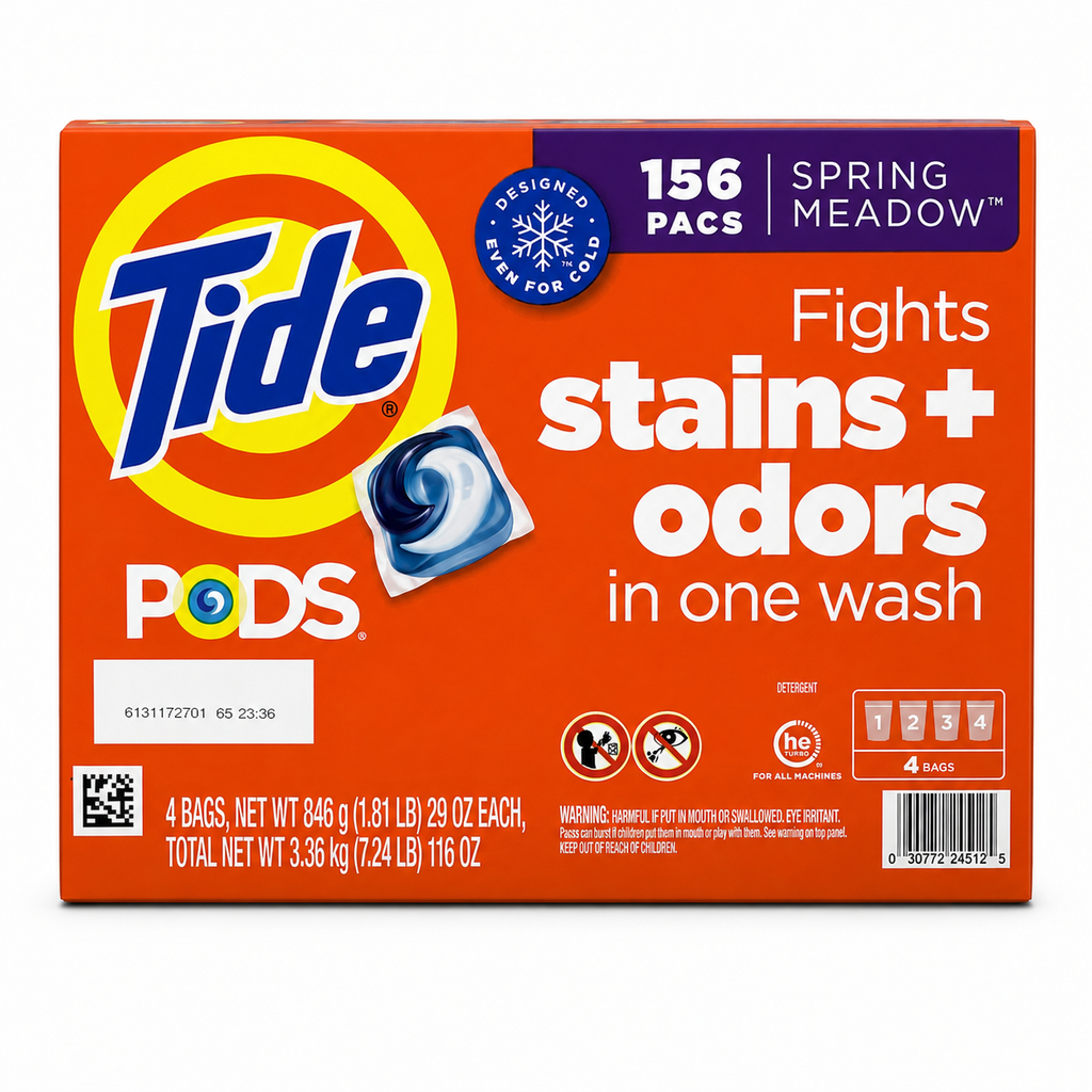 Tide PODS Laundry Detergent Pacs, Spring Meadow Scent, 156 Count (4 Bags), HE Compatible, Designed for Cold Water, Fights Stains & Odors