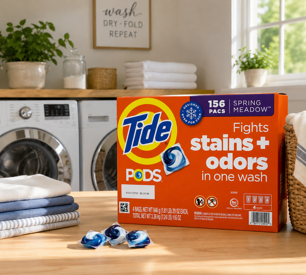 Tide PODS Laundry Detergent Pacs, Spring Meadow Scent, 156 Count (4 Bags), HE Compatible, Designed for Cold Water, Fights Stains & Odors