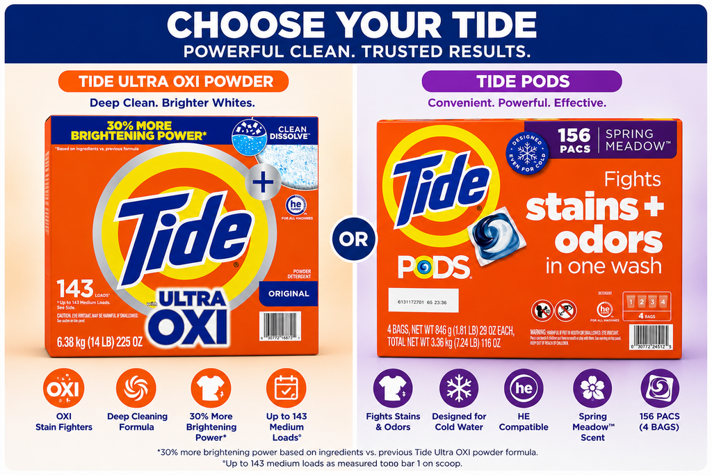 Tide Laundry Detergent Collection, Ultra OXI Powder & PODS, HE Compatible, Deep Stain & Odor Removal, Multiple Formulas, Scents & Sizes