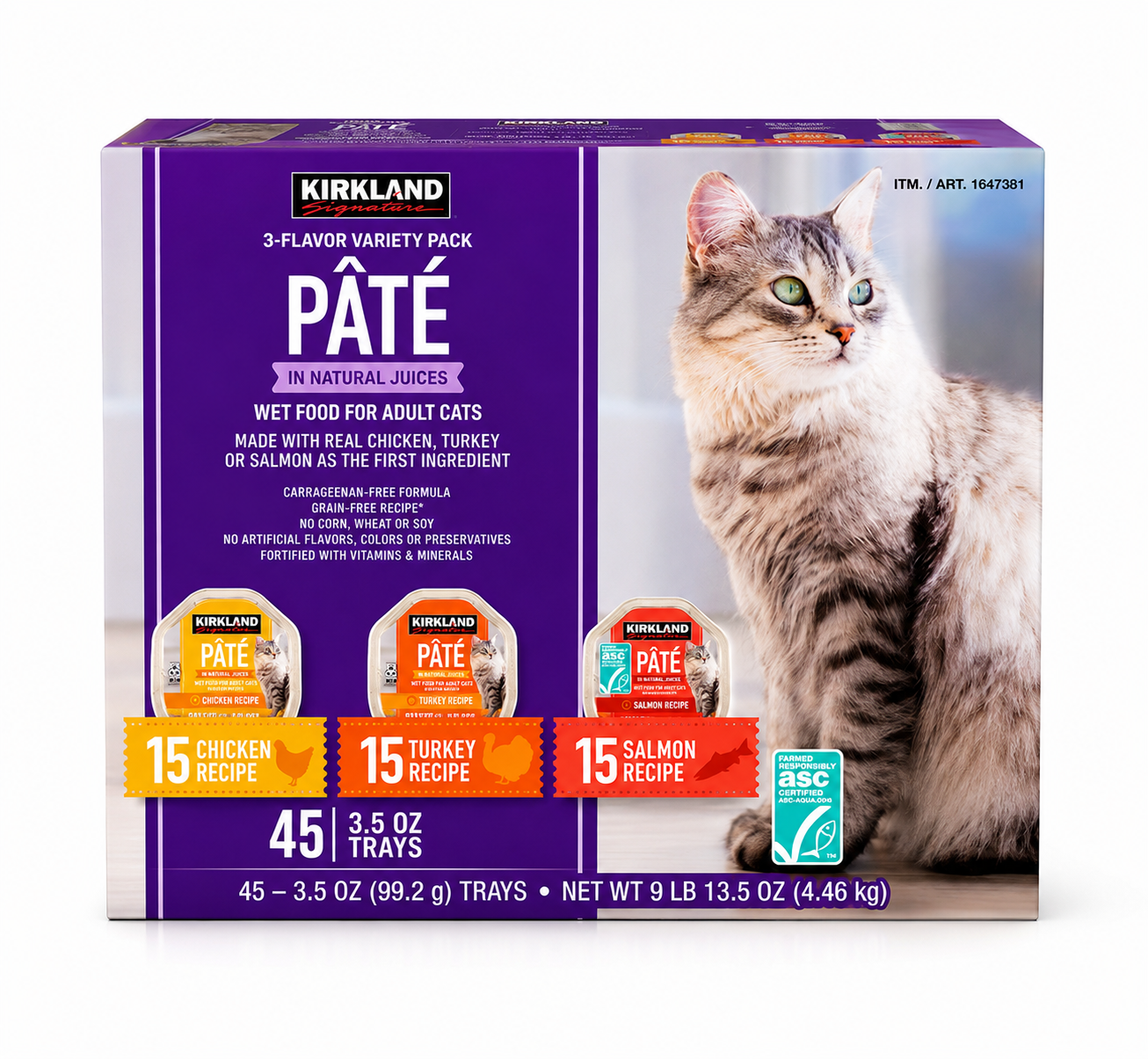 Kirkland Signature Pâté Wet Cat Food Variety Pack, Adult Cat Food, Chicken, Turkey & Salmon Recipes, Grain-Free Formula, 3.5 oz Trays, 45 Count (15 of Each Flavor), 9 lb 13.5 oz