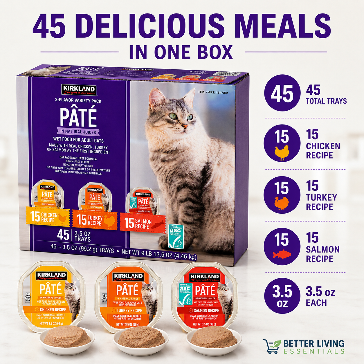 Kirkland Signature Pâté Wet Cat Food Variety Pack, Adult Cat Food, Chicken, Turkey & Salmon Recipes, Grain-Free Formula, 3.5 oz Trays, 45 Count (15 of Each Flavor), 9 lb 13.5 oz