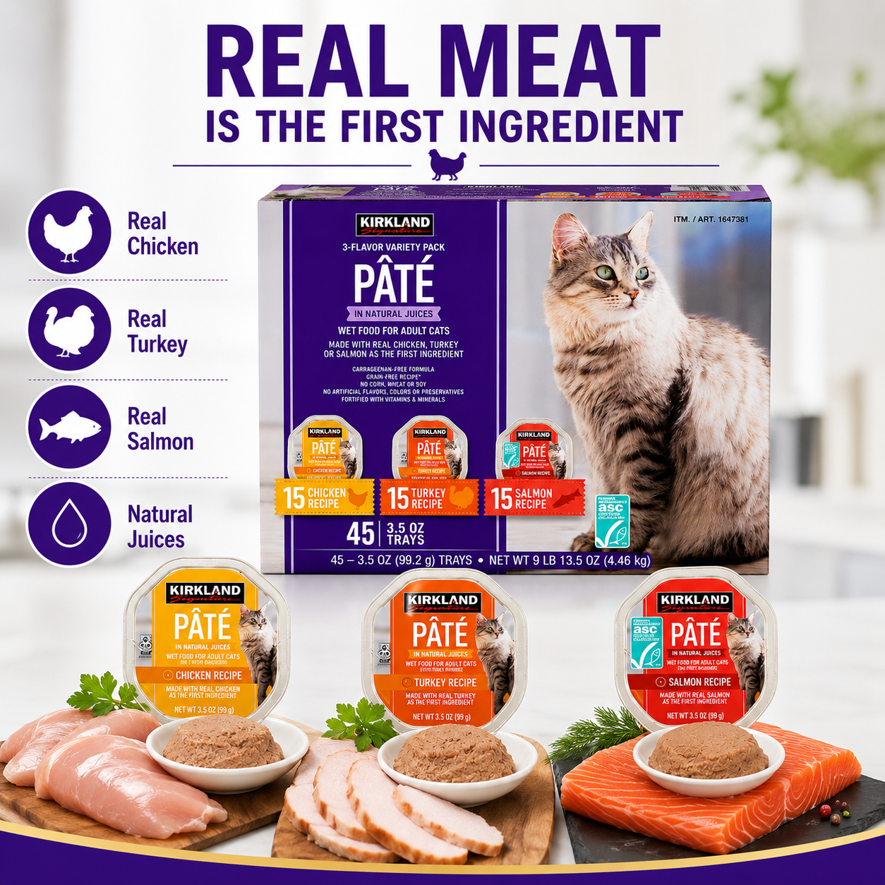 Kirkland Signature Pâté Wet Cat Food Variety Pack, Adult Cat Food, Chicken, Turkey & Salmon Recipes, Grain-Free Formula, 3.5 oz Trays, 45 Count (15 of Each Flavor), 9 lb 13.5 oz