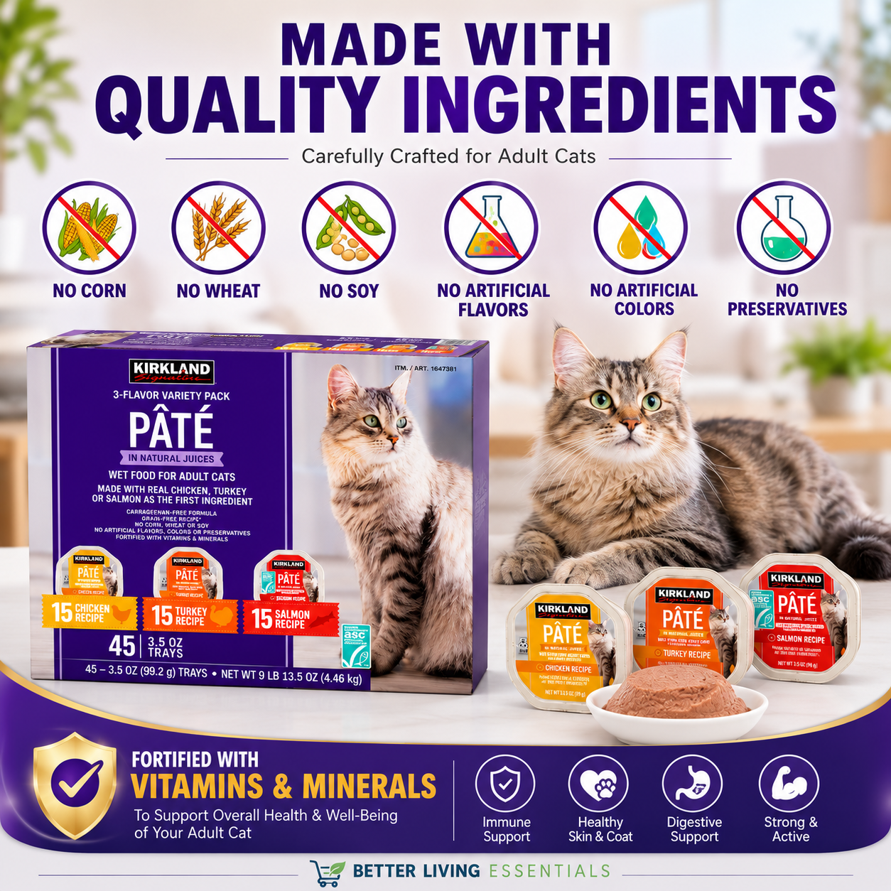 Kirkland Signature Pâté Wet Cat Food Variety Pack, Adult Cat Food, Chicken, Turkey & Salmon Recipes, Grain-Free Formula, 3.5 oz Trays, 45 Count (15 of Each Flavor), 9 lb 13.5 oz