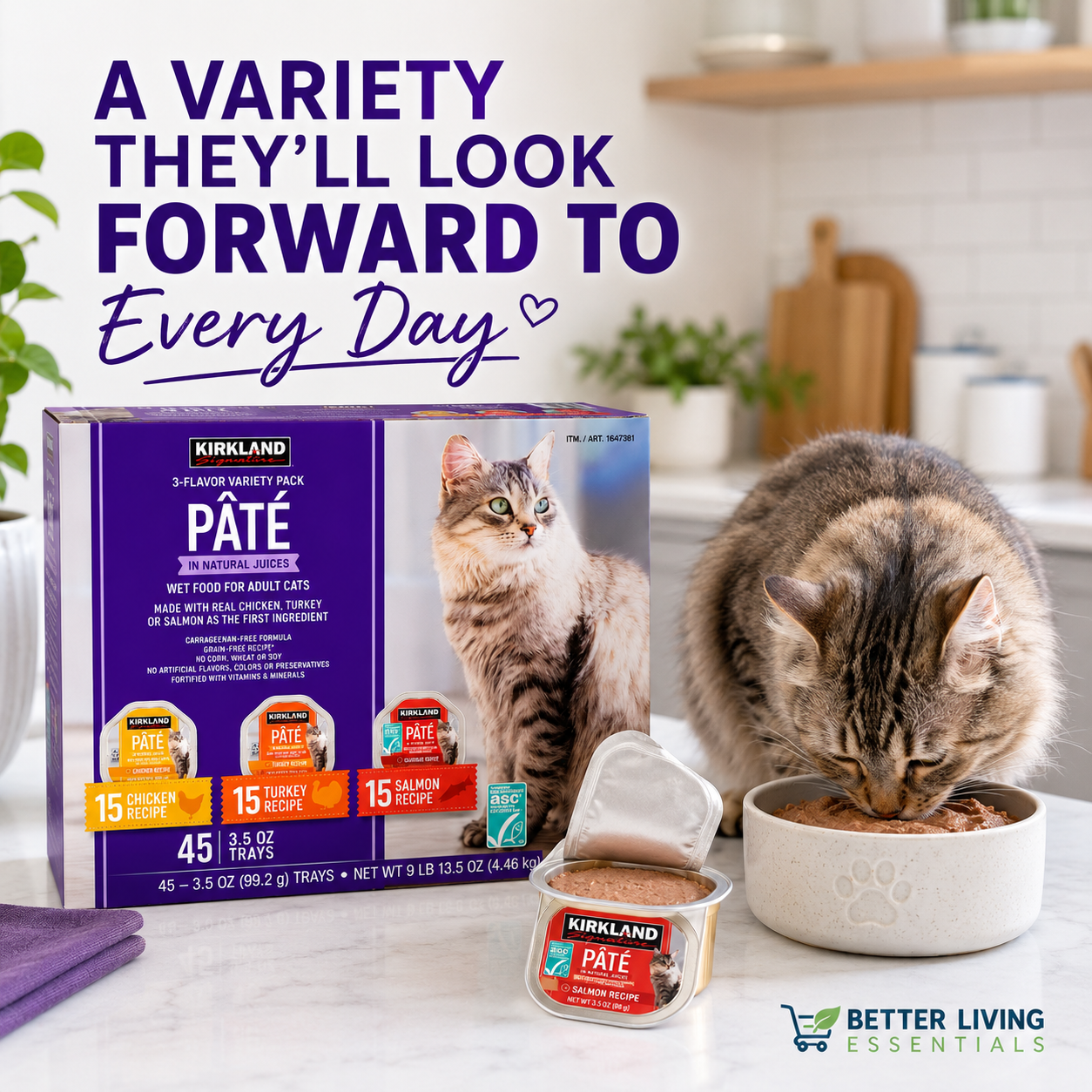 Kirkland Signature Pâté Wet Cat Food Variety Pack, Adult Cat Food, Chicken, Turkey & Salmon Recipes, Grain-Free Formula, 3.5 oz Trays, 45 Count (15 of Each Flavor), 9 lb 13.5 oz