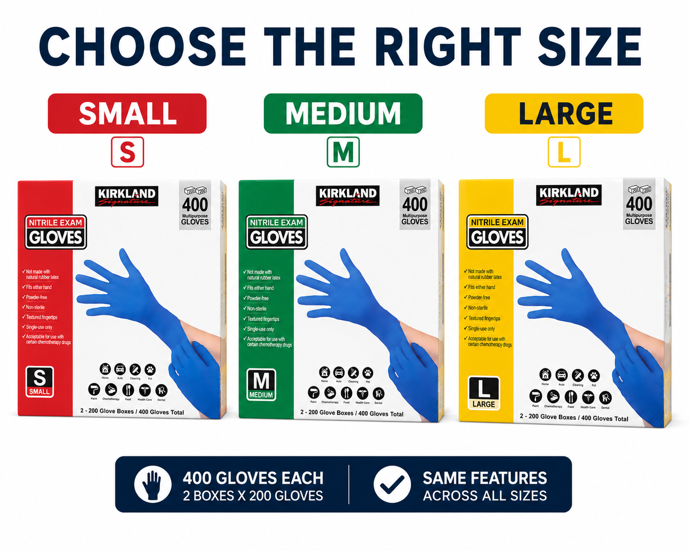 Kirkland Signature Nitrile Exam Gloves, 400 Count (2 x 200), Powder-Free, Latex-Free, Disposable Multipurpose Gloves, Non-Sterile, Textured Fingertips, Small/Medium/Large