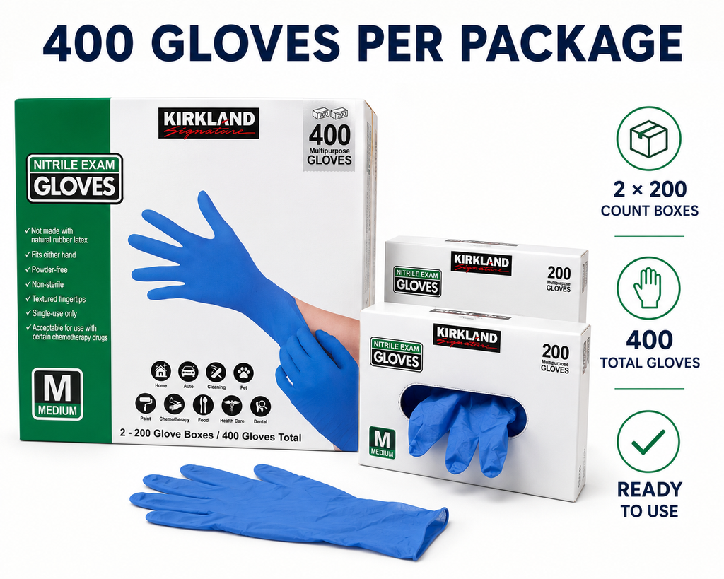 Kirkland Signature Nitrile Exam Gloves, 400 Count (2 x 200), Powder-Free, Latex-Free, Disposable Multipurpose Gloves, Non-Sterile, Textured Fingertips, Small/Medium/Large