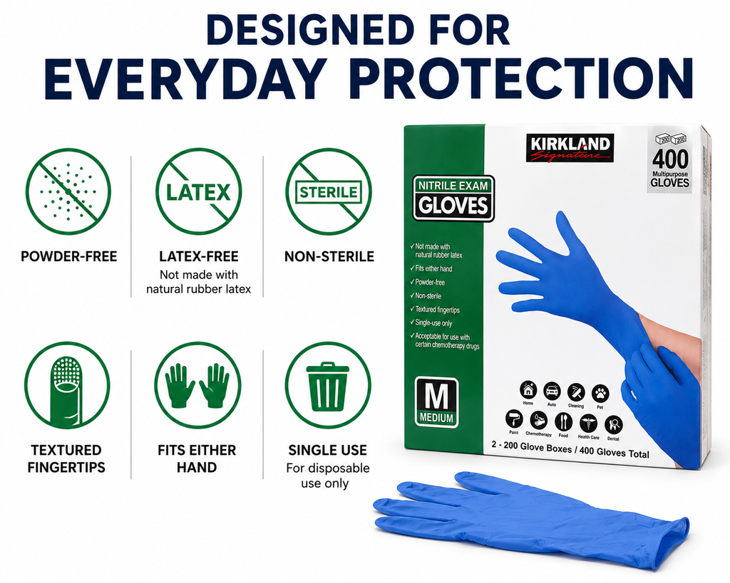 Kirkland Signature Nitrile Exam Gloves, 400 Count (2 x 200), Powder-Free, Latex-Free, Disposable Multipurpose Gloves, Non-Sterile, Textured Fingertips, Small/Medium/Large