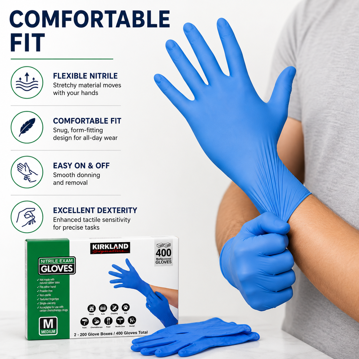 Kirkland Signature Nitrile Exam Gloves, 400 Count (2 x 200), Powder-Free, Latex-Free, Disposable Multipurpose Gloves, Non-Sterile, Textured Fingertips, Small/Medium/Large