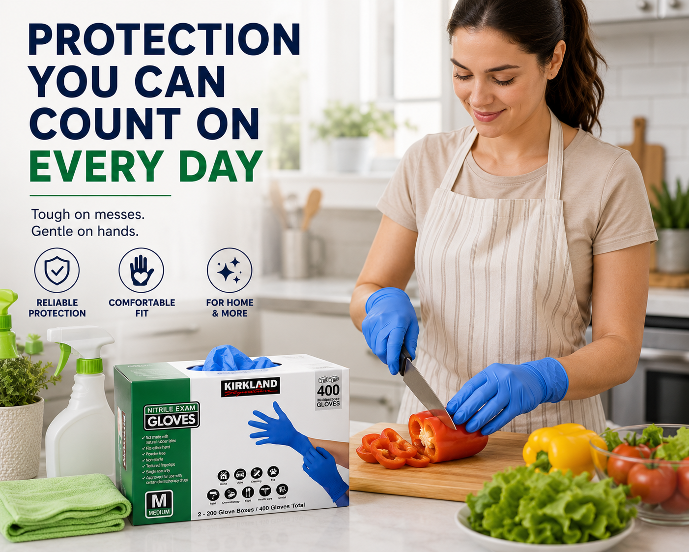 Kirkland Signature Nitrile Exam Gloves, 400 Count (2 x 200), Powder-Free, Latex-Free, Disposable Multipurpose Gloves, Non-Sterile, Textured Fingertips, Small/Medium/Large