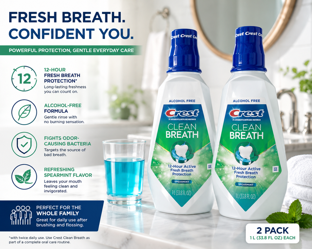 Crest Clean Breath Alcohol-Free Mouthwash, Spearmint, 1 L (33.8 fl oz) Each, 2-Pack, 12-Hour Fresh Breath Protection, CPC Antigingivitis/Antiplaque Mouthwash