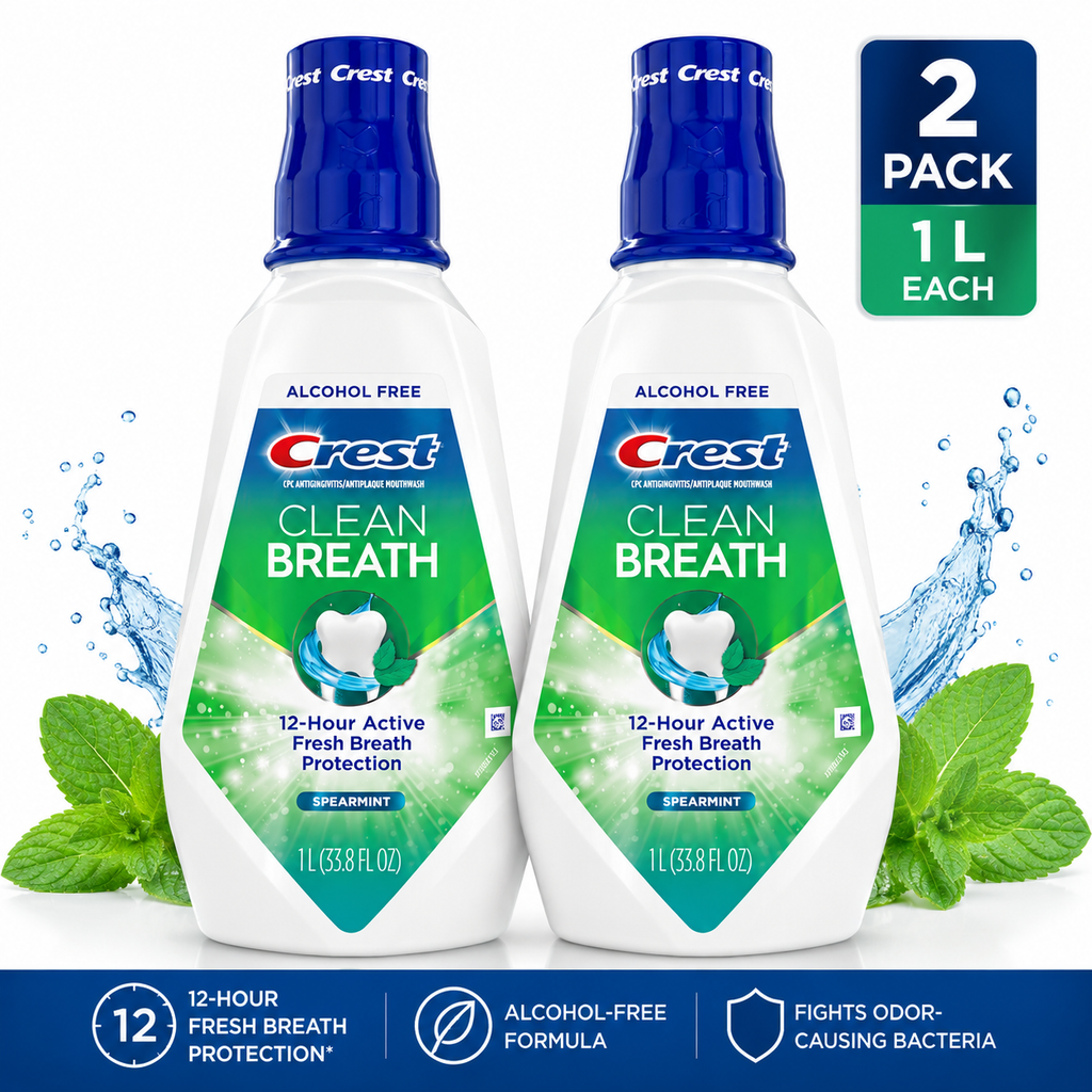 Crest Clean Breath Alcohol-Free Mouthwash, Spearmint, 1 L (33.8 fl oz) Each, 2-Pack, 12-Hour Fresh Breath Protection, CPC Antigingivitis/Antiplaque Mouthwash
