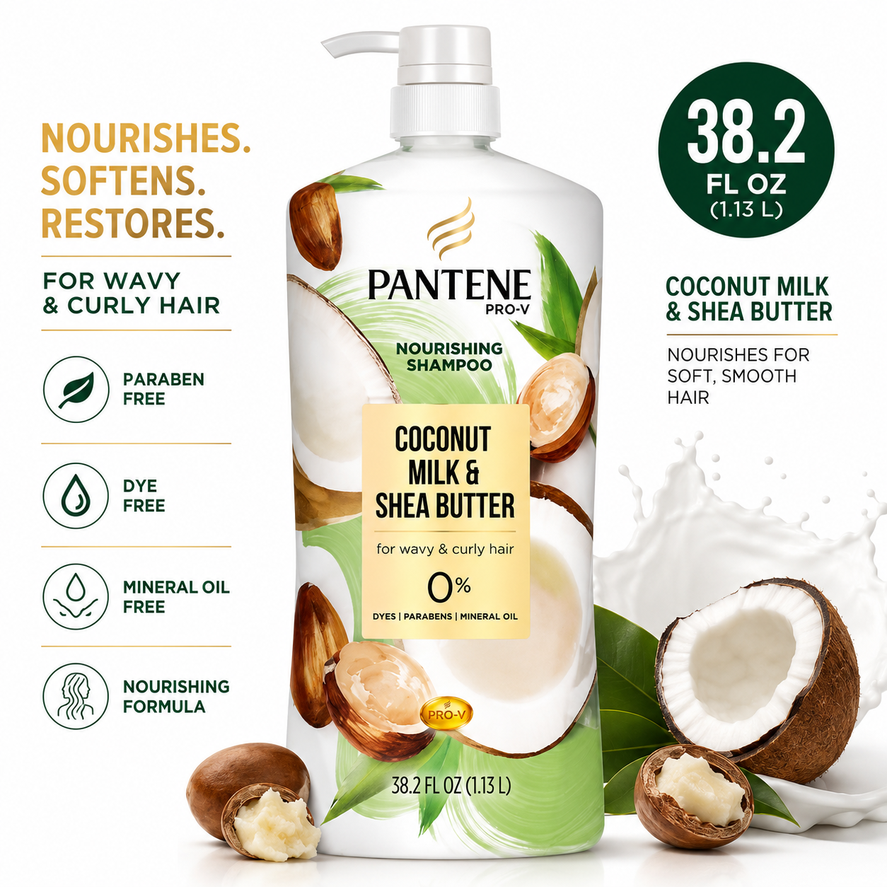 Pantene Pro-V Nourishing Shampoo, Coconut Milk & Shea Butter, 38.2 fl oz, Moisturizing Shampoo for Wavy & Curly Hair, Paraben, Dye & Mineral Oil Free