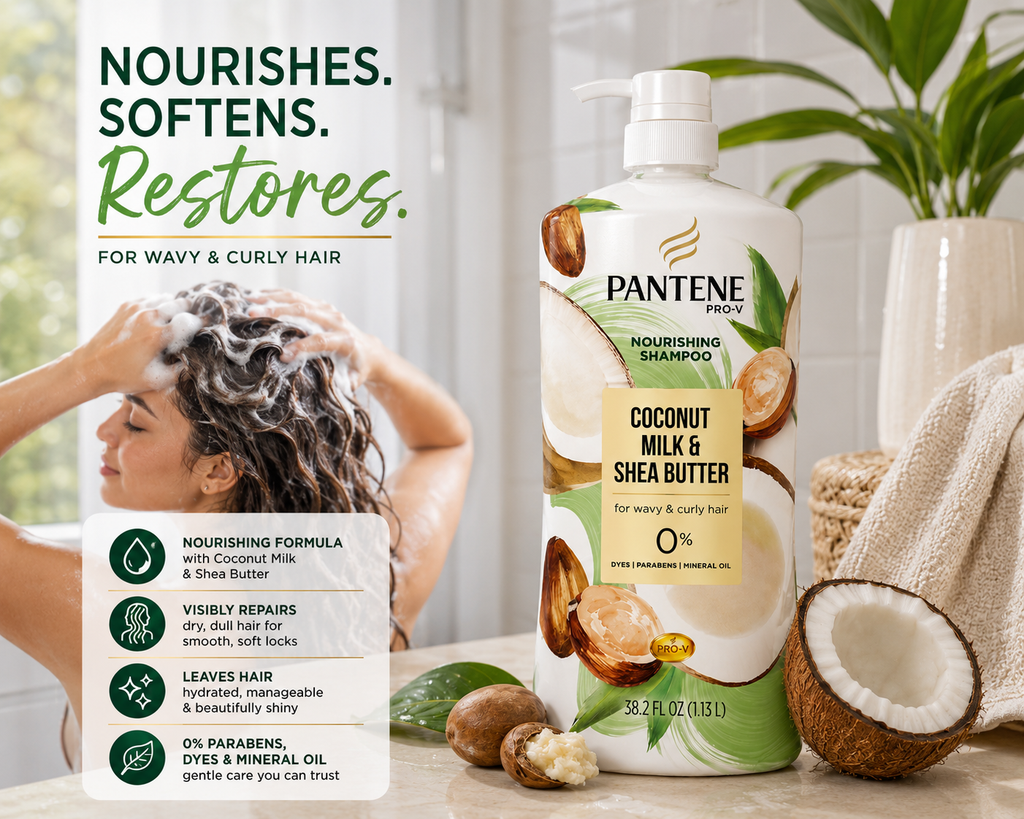 Pantene Pro-V Nourishing Shampoo, Coconut Milk & Shea Butter, 38.2 fl oz, Moisturizing Shampoo for Wavy & Curly Hair, Paraben, Dye & Mineral Oil Free