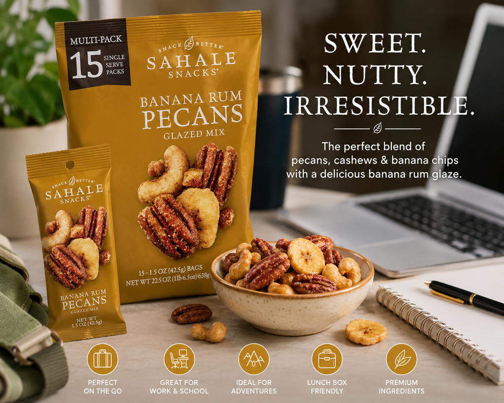 Sahale Snacks Banana Rum Pecans Glazed Mix, 1.5 oz Single-Serve Bags, 15 Count Multipack, Premium Nut & Fruit Snack with Pecans, Cashews & Banana Chips