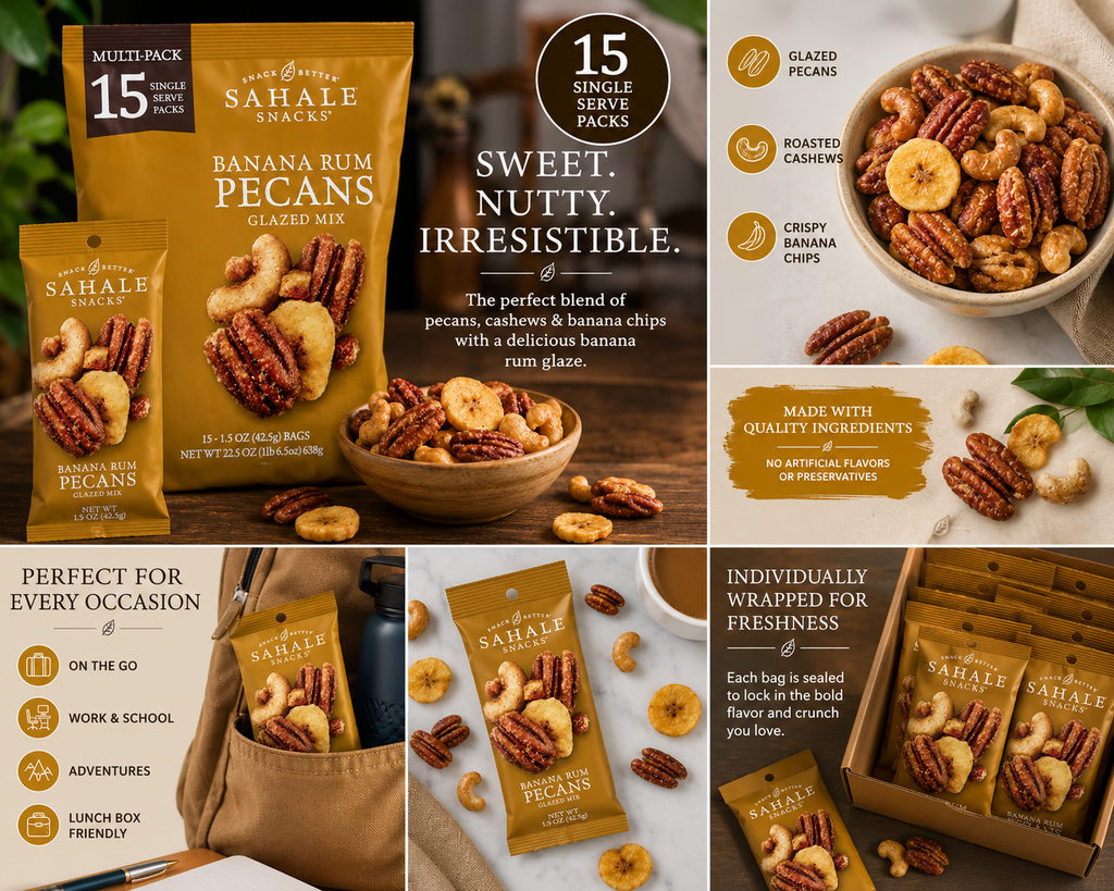 Sahale Snacks Banana Rum Pecans Glazed Mix, 1.5 oz Single-Serve Bags, 15 Count Multipack, Premium Nut & Fruit Snack with Pecans, Cashews & Banana Chips