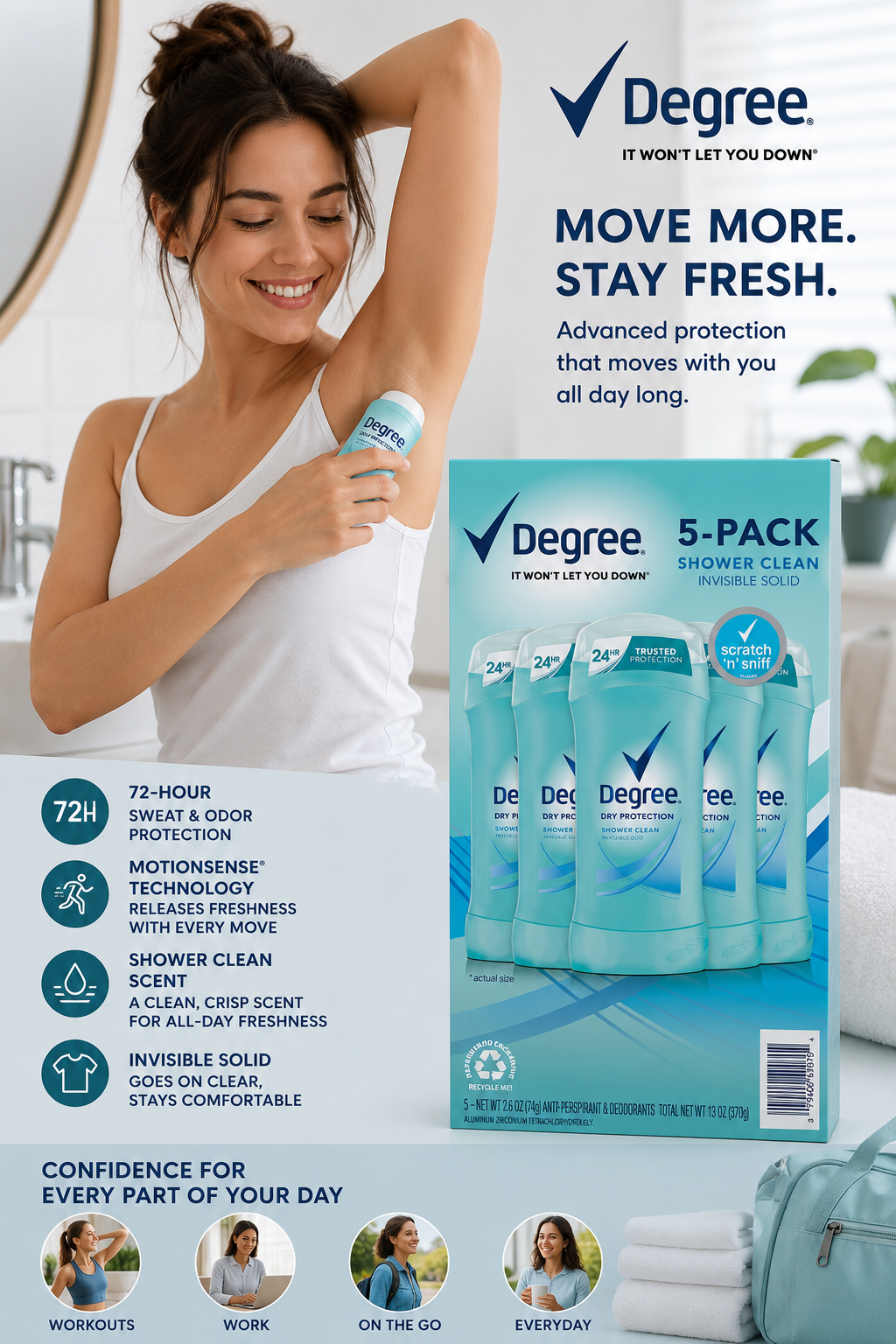 Degree Advanced Protection Antiperspirant Deodorant Stick, Shower Clean Scent, 2.6 oz Each, Pack of 5, 72-Hour Sweat & Odor Protection, MotionSense Technology