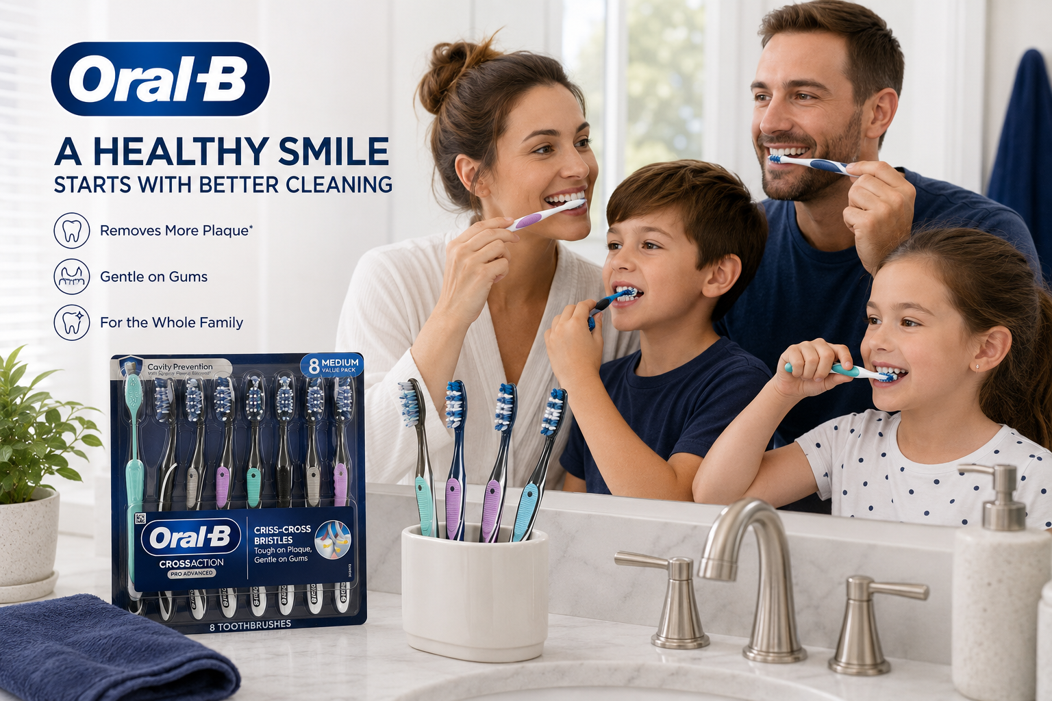 Oral-B CrossAction Pro Advanced Manual Toothbrushes, Medium Bristles, 8 Count Value Pack, CrissCross Bristles, Plaque Removal & Gum Care