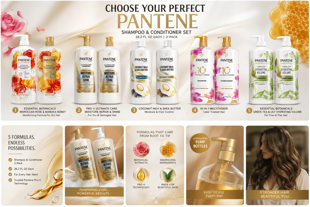 Pantene Shampoo & Conditioner Set, 38.2 fl oz Pump Bottles (2-Pack) – Choose Your Formula