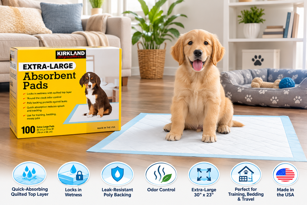Kirkland Signature Extra-Large Absorbent Training Pads for Dogs, 30 x 23 Inch, 100 Count, Leak-Resistant Puppy Potty Pads with Odor Control & Quick-Absorbing Quilted Top Layer
