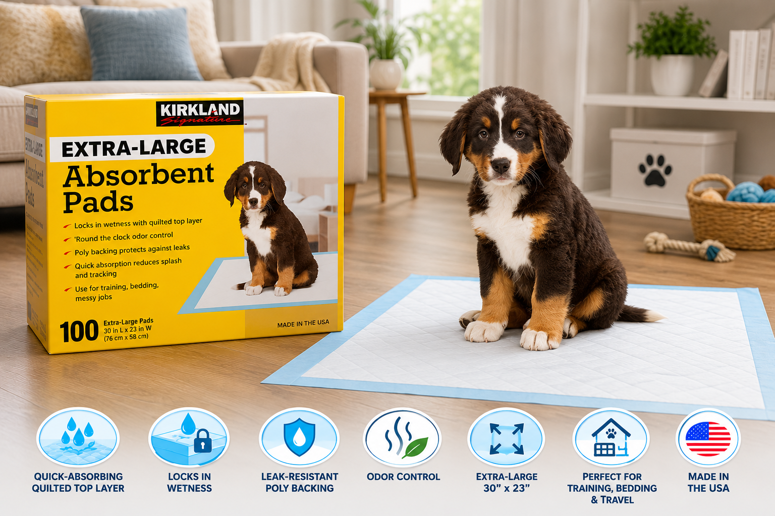 Kirkland Signature Extra-Large Absorbent Training Pads for Dogs, 30 x 23 Inch, 100 Count, Leak-Resistant Puppy Potty Pads with Odor Control & Quick-Absorbing Quilted Top Layer