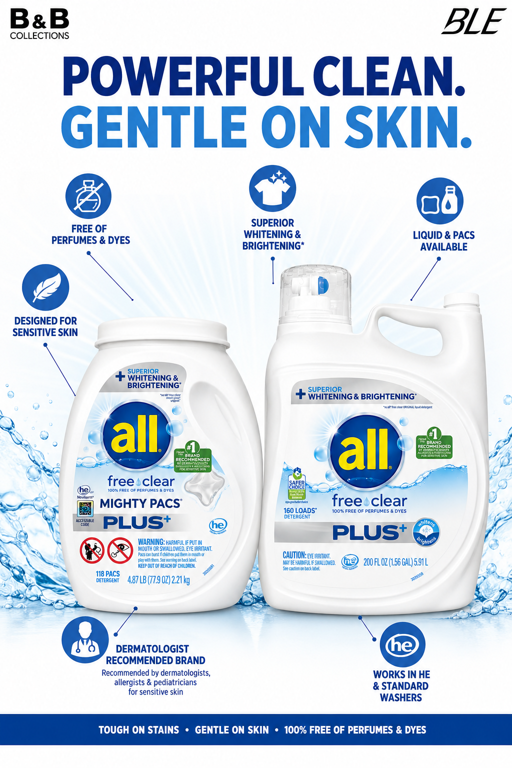 all Free Clear Laundry Detergent for Sensitive Skin, Liquid & Mighty Pacs, Superior Whitening & Brightening, 100% Free of Perfumes & Dyes, Multiple Sizes