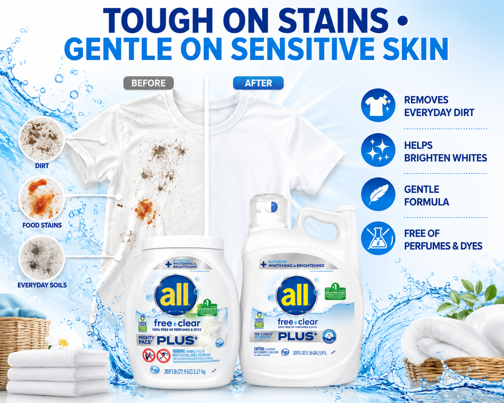 all Free Clear Laundry Detergent for Sensitive Skin, Liquid & Mighty Pacs, Superior Whitening & Brightening, 100% Free of Perfumes & Dyes, Multiple Sizes