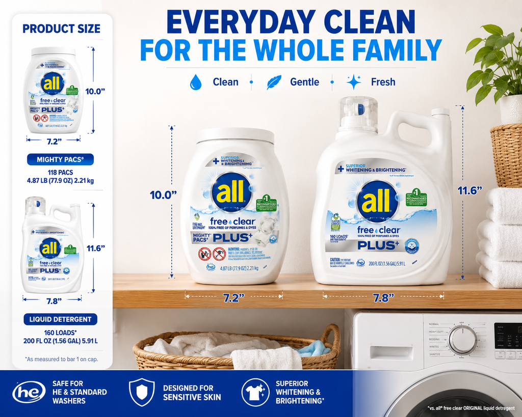 all Free Clear Laundry Detergent for Sensitive Skin, Liquid & Mighty Pacs, Superior Whitening & Brightening, 100% Free of Perfumes & Dyes, Multiple Sizes