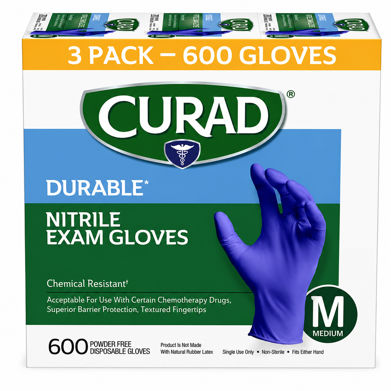 CURAD Durable Nitrile Exam Gloves, Powder-Free, Chemical Resistant, Textured Fingertips, Disposable Medical Gloves, 3 Pack (600 Gloves), Small / Medium / Large